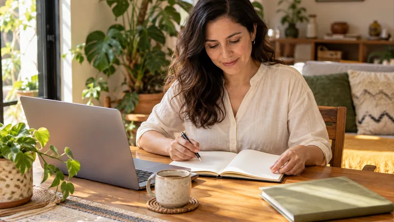 Mujer organizando una cita con una agenda y una computadora.