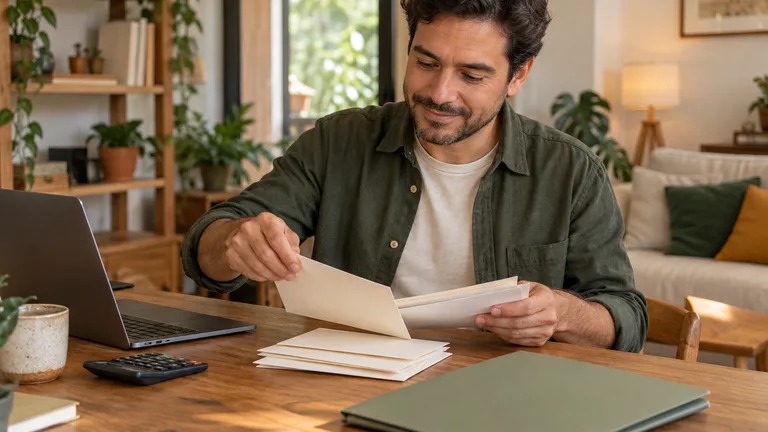 Persona organizando carpetas y revisando una computadora en su escritorio.