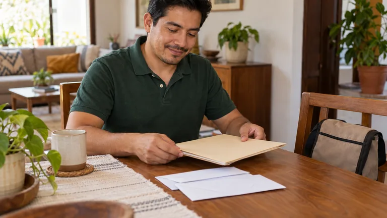 Trabajador con camiseta tipo polo organizando una carpeta y sobres en casa.