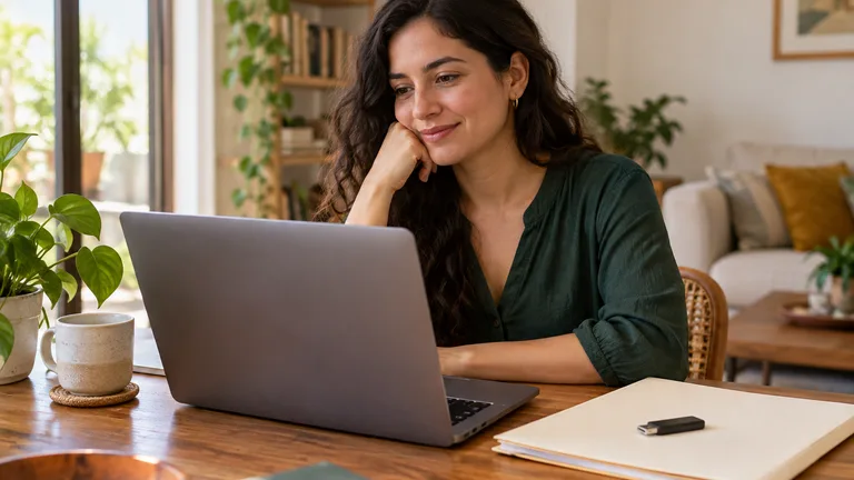 Mujer preparando una memoria USB y una carpeta junto a una computadora.