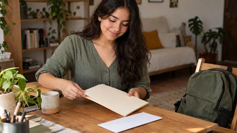 Joven adulta preparando una carpeta de documentos en una mesa.