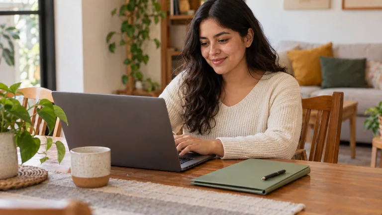 Joven trabajadora consultando una computadora con una carpeta personal.