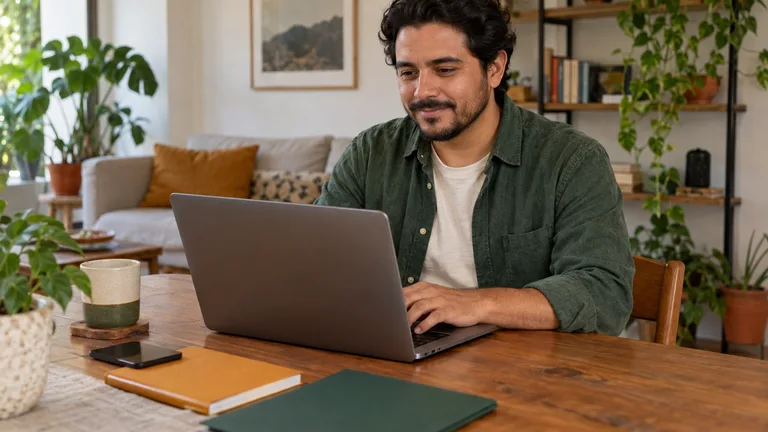 Hombre usando una computadora con su teléfono apoyado sobre la mesa.
